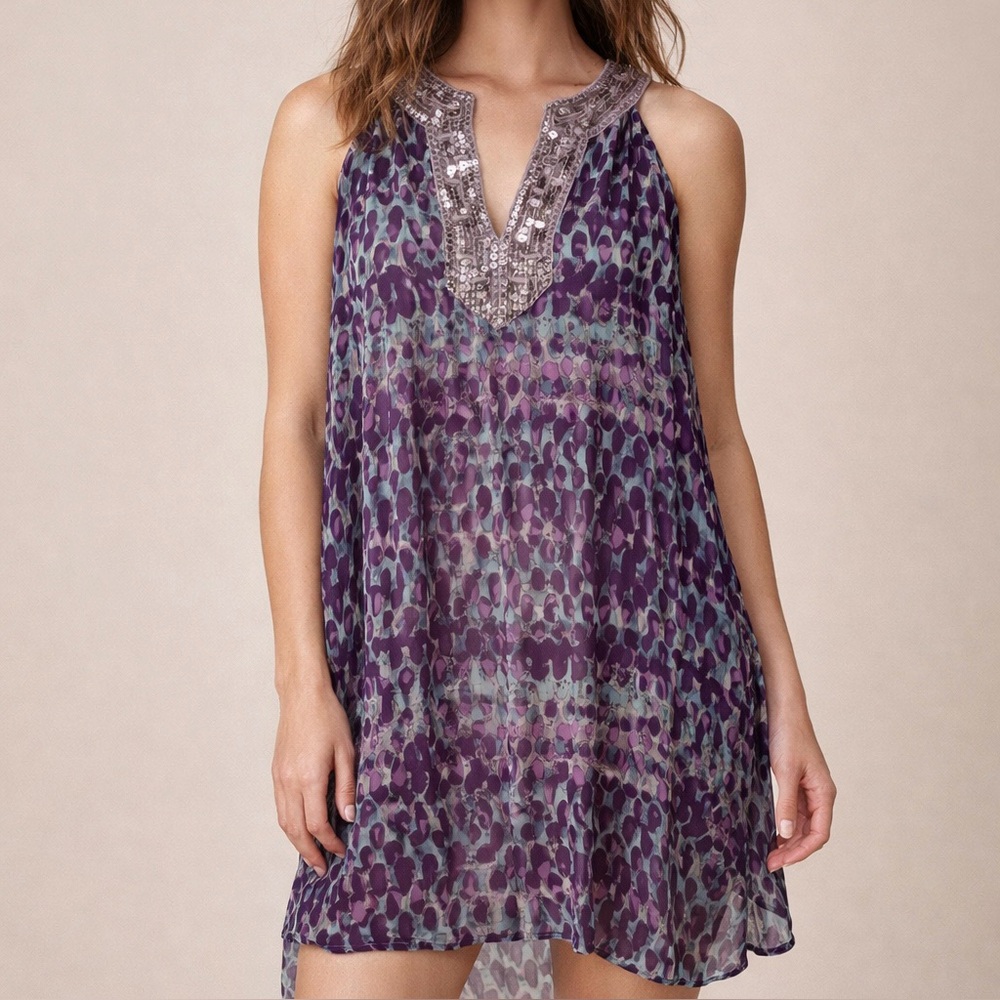 Free People Purple Teal Embellished Tunic Mini Dress Boho Size M